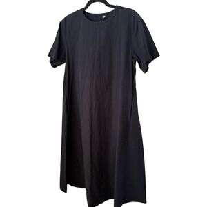 MUJI Black 100% Cotton Short Sleeve Midi Dress with Pockets XS Minimalist Poplin